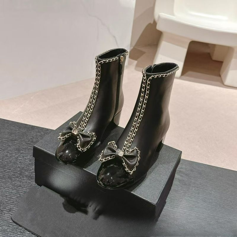 Xiaoxiangfeng Damen-Kurzstiefel Herbst/Winter 2025, Leder, runde Spitze, einfarbig, dicker Absatz, seitlicher Reißverschluss, Metallabsatz_voghion.com