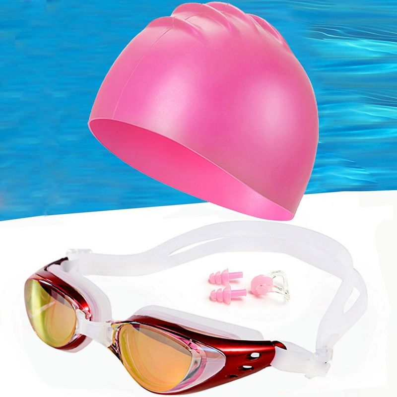 Occhialini da nuoto antiappannamento galvanizzati + cuffia da nuoto in silicone + tappi per le orecchie con clip nasale in silicone, set da cinque pezzi_voghion.com