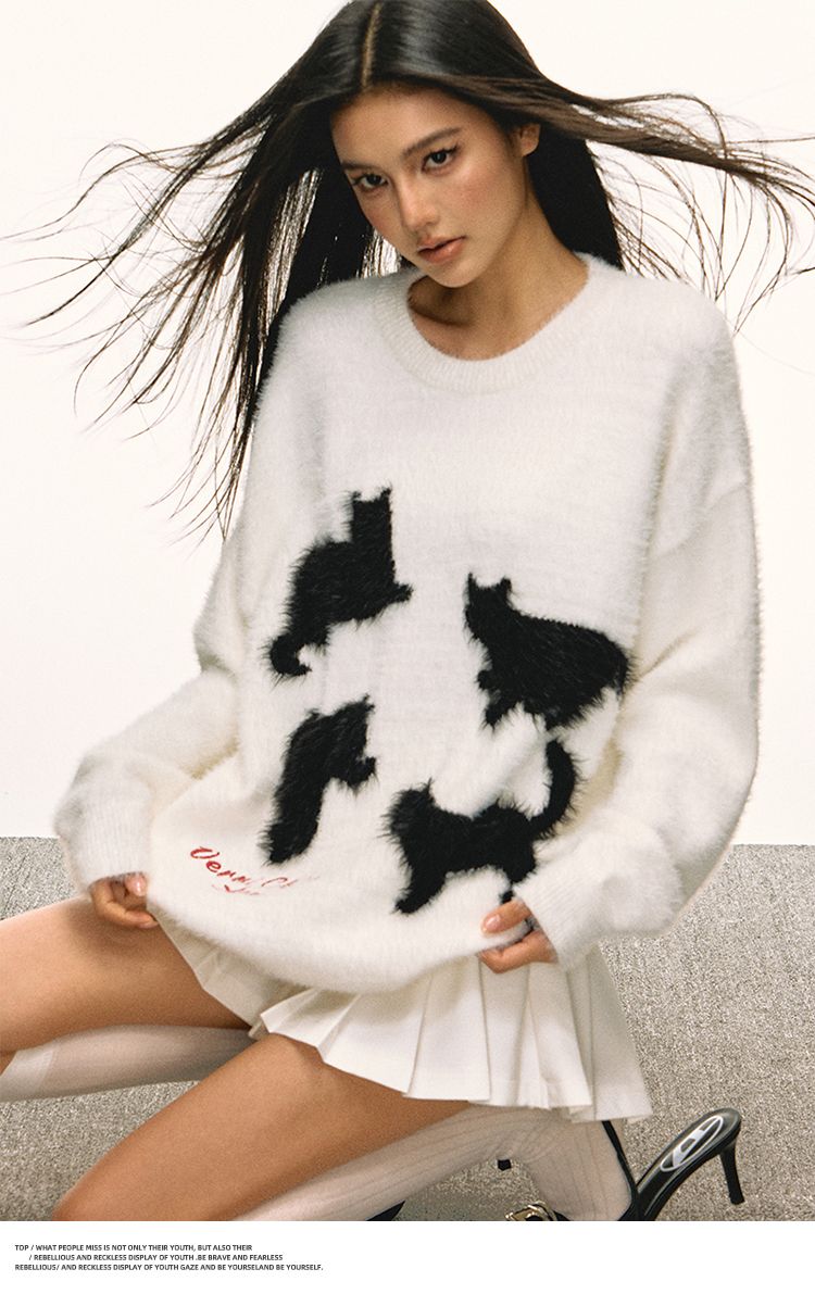 Aaisup Pull doux à col rond pour femme, motif chat de dessin animé américain, automne-hiver, style coréen, haut tricoté_voghion.com
