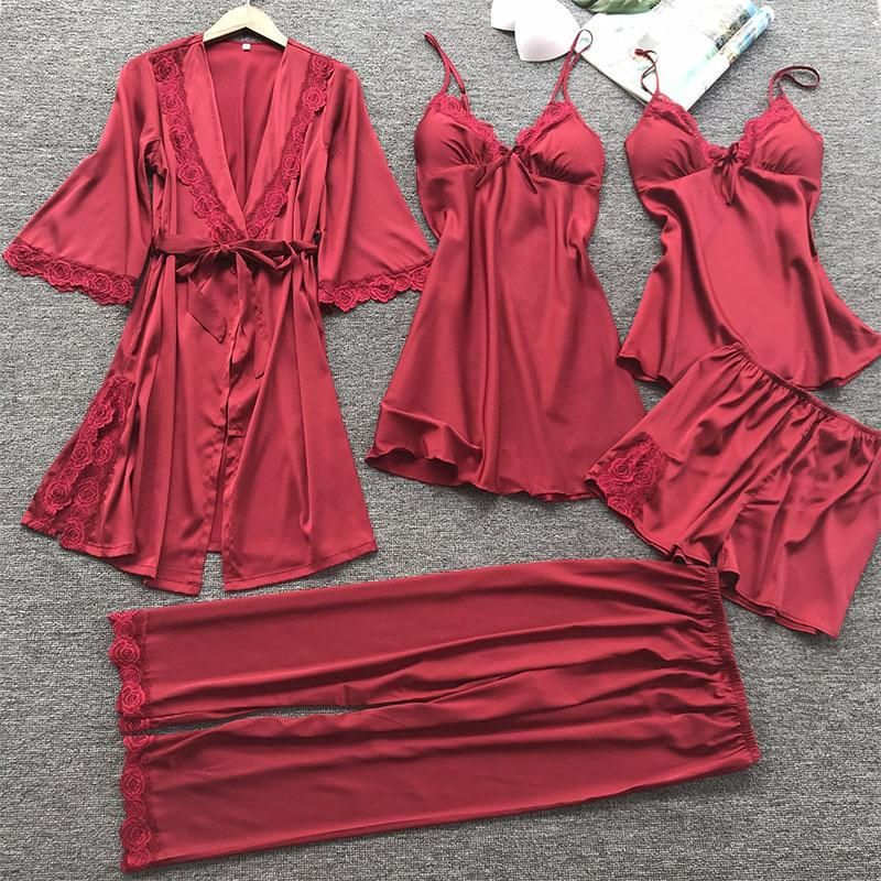 Pigiama sexy in pizzo estivo per abbigliamento da casa in seta da donna, set da 5 pezzi, bretelle versione coreana per donna_voghion.com