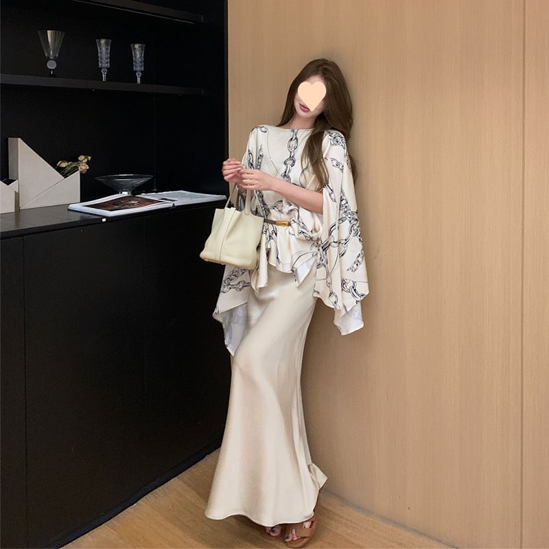Light Elegant Cape Top For Women, Autumn Design Sense Printed Fashion High-end Satin Half-length Skirt Set_voghion.com