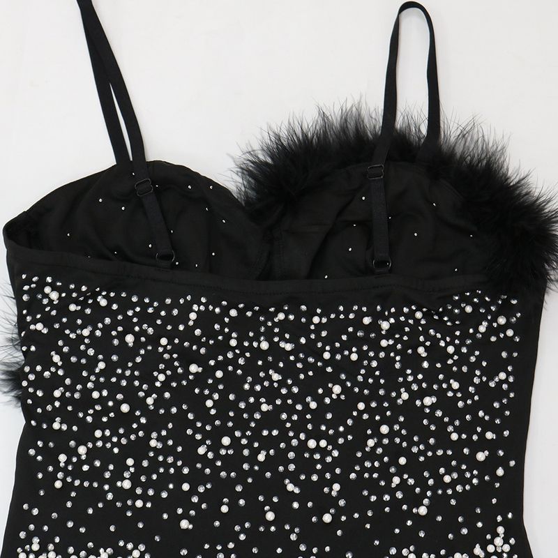 Women's Clothing Sexy Suspender Hot Diamond Dress With Spliced wool Clauses_voghion.com