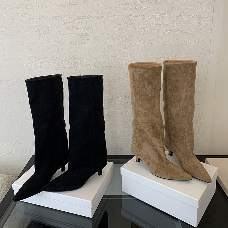 2025 Autumn And Winter Simple And Elegant Low Heel Pointed High Boots Comfortable And Varied Solid Color Wide Boots Fashionable Wear Comfortable_voghion.com