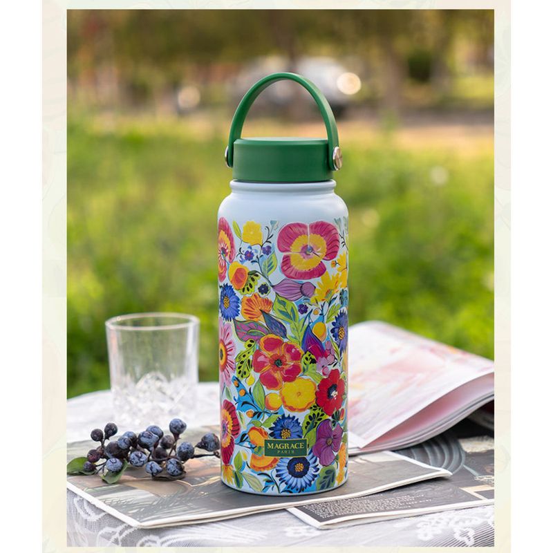 Tazza termica in acciaio inossidabile colorato MAGRACE Flower Shadow francese da 1000 ml, grande capacità, con supporto portatile per il tè_voghion.com