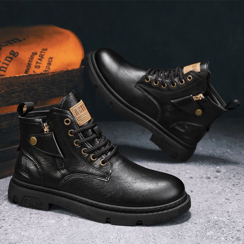 High Top Herr Läder Mode Motorcykel Ankel för Herr Vinterstövlar Man Skor Snörning Botas Hombre_voghion.com