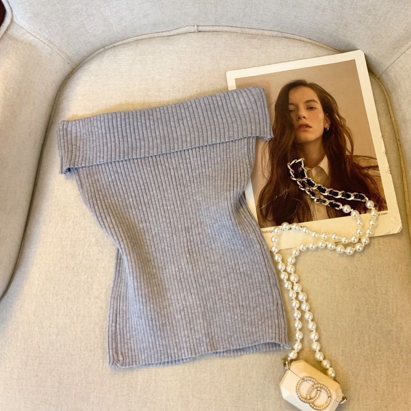 Sweet Youthful Strapless Vest With A-Line And Tie-Up Half Skirt Knitted Set_voghion.com
