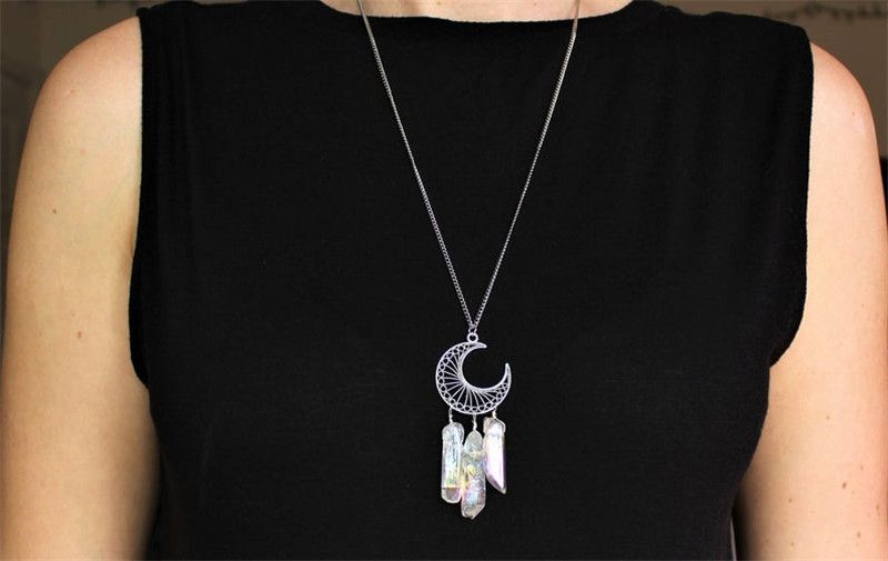 Kolyeler Kristal Sütun ve Ay Tılsımı Kadın Moda Takıları Yaratıcı Hediye Kolye_voghion.com