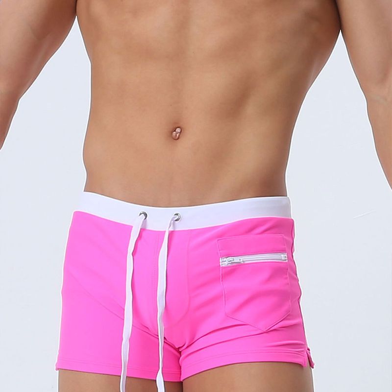 UXH Men's Front Pocket Boxer Swim Trunks Simple Fashion Drawstring Four-corner Swimming Shorts For Men_voghion.com