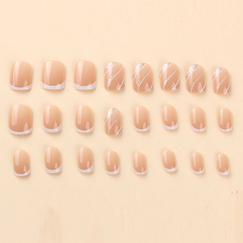False Nails Simple French White False Nails Short Square Manicure Wave Glitter Stripes Wearable Nail Nail Tips_voghion.com