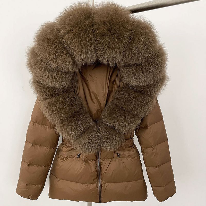 Nuovo stile caldo del commercio estero, giacca corta da donna con collo in vera pelliccia di volpe, giacca in piumino con vita sottile e spessa_voghion.com