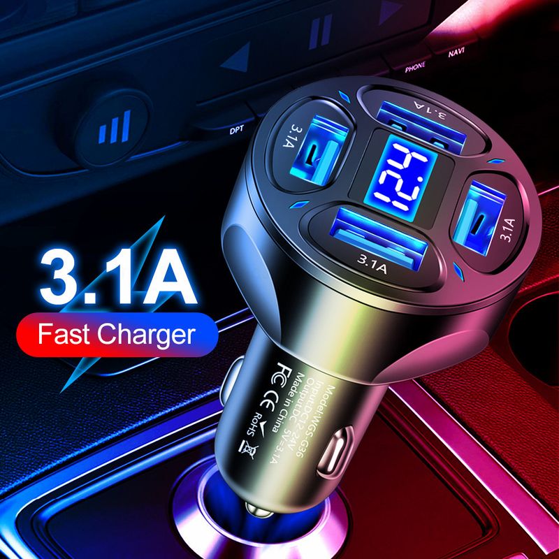 3.1A Digital Display 4-Port Gefier Charger mat Spannung, One Pull Four Multi Port Auto Laden_voghion.com