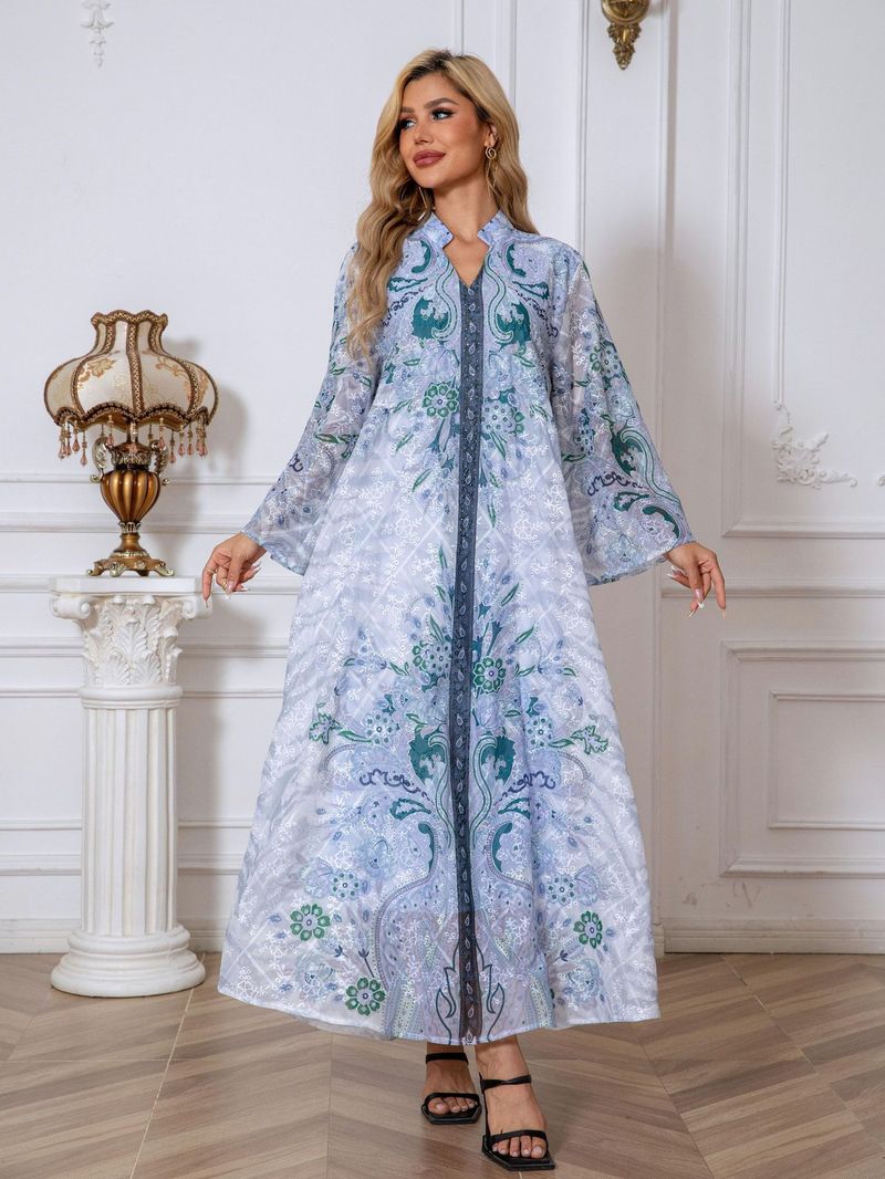 Abito lungo da donna musulmana in tessuto ricamato con stampa a tutta lunghezza e tempestato di diamanti, abito lungo da donna Abaya_voghion.com