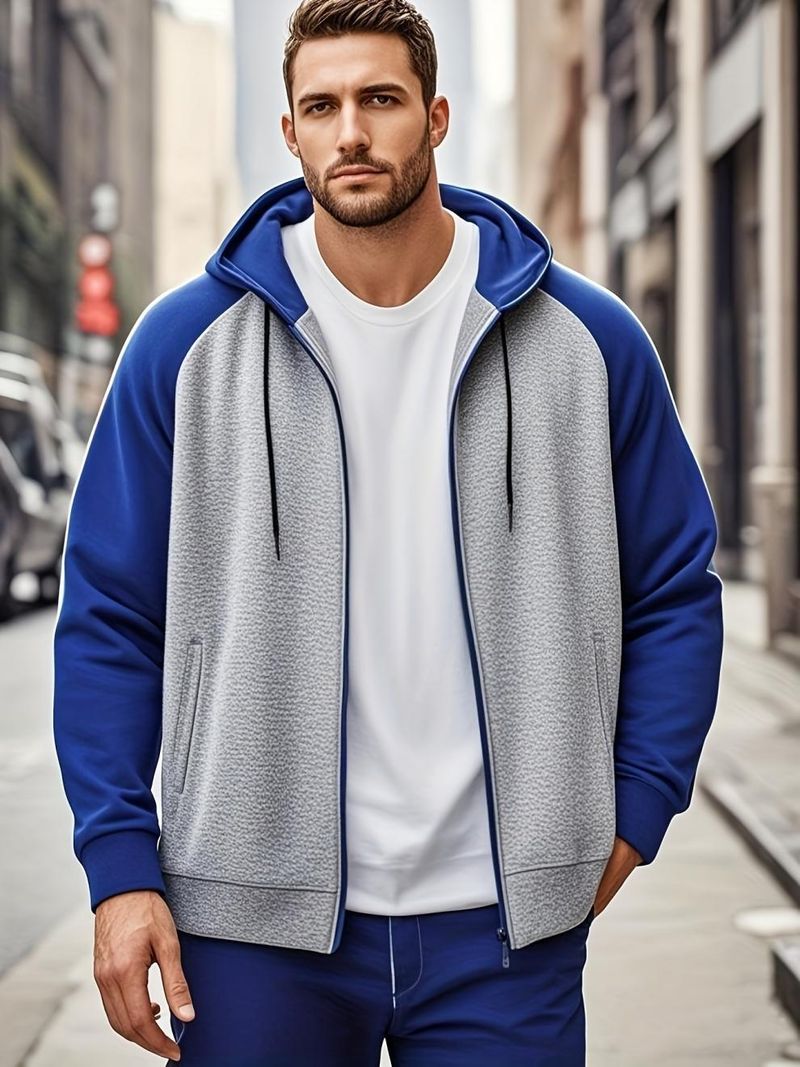 Herrenbekleidung Herren-Kapuzenpullover in Übergröße mit Kontrastfarbe und Kängurutasche, doppelte Kontrastfarbe_voghion.com