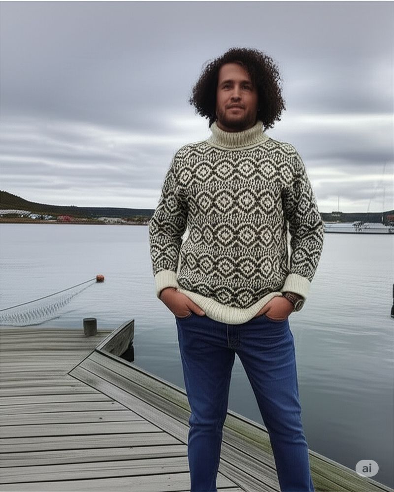 Maglione retrò Fair Isle a collo alto da uomo - Pullover oversize in maglia con motivi geometrici_voghion.com