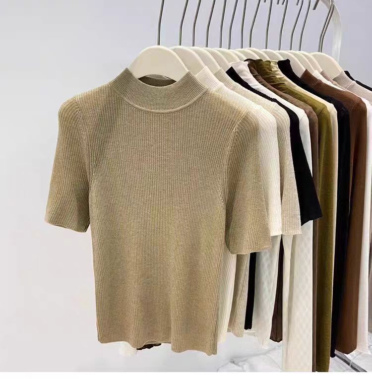 Maglia aderente con collo semi-alto – Pullover traspirante a maniche corte (essenziale per un look a strati leggero, bianco, nero)_voghion.com