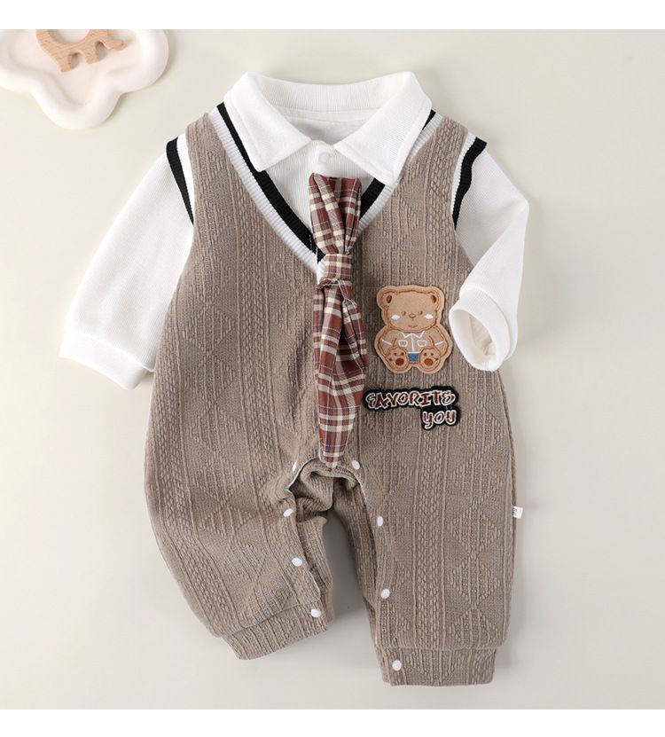 Super süße und modische Babykleidung Frühling und Herbst Baby-Overall im College-Stil Herbstkleidung Gefälschte zweiteilige Gentleman-Ausgehkleidung Strampler_voghion.com