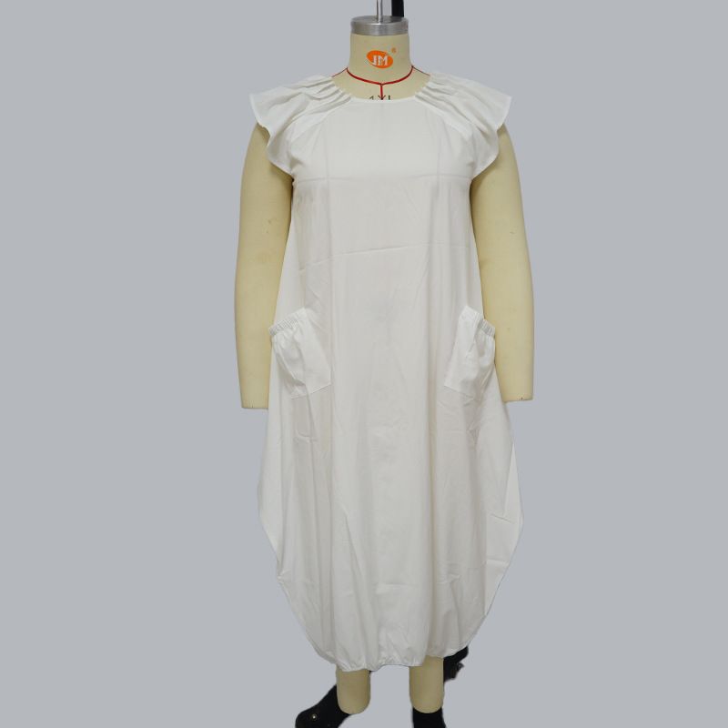 Kadın Giyim Moda Büyük Beden Kadın Düz Renk Çift Cepli Bol Elbise_voghion.com