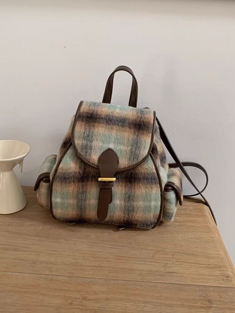 Vintage Woolen Velvet Whi Checkered Autumn Winr College Style Student Backpack For Women Commuting Simple British_voghion.com
