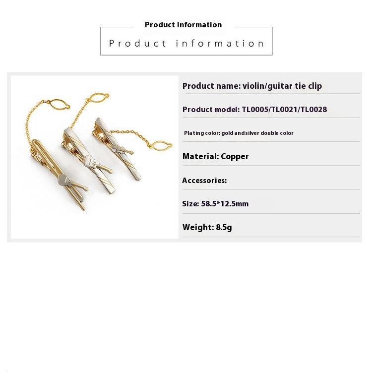 Neue galvanisierte Gold- und Silber-Zweifarben-Krawattenklammer aus Kupfer mit Musikinstrument, Violine, Gitarre, für Geschäftsleute, modische und lässige Kragenklammer_voghion.com