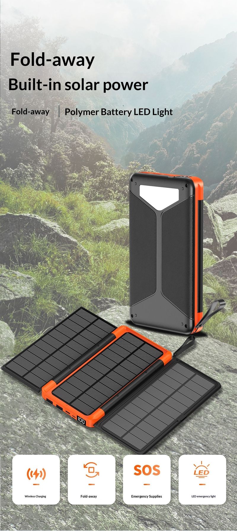 Batterie solaire portable pliable transfrontalière de grande capacité (20 000 mAh) avec charge sans fil pour une utilisation en extérieur._voghion.com