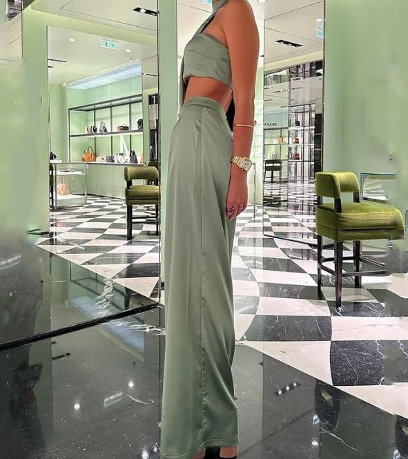 women's clothing elegant halter neck oblique shoulder tube top sexy navel-exposed wide-leg pants suit_voghion.com