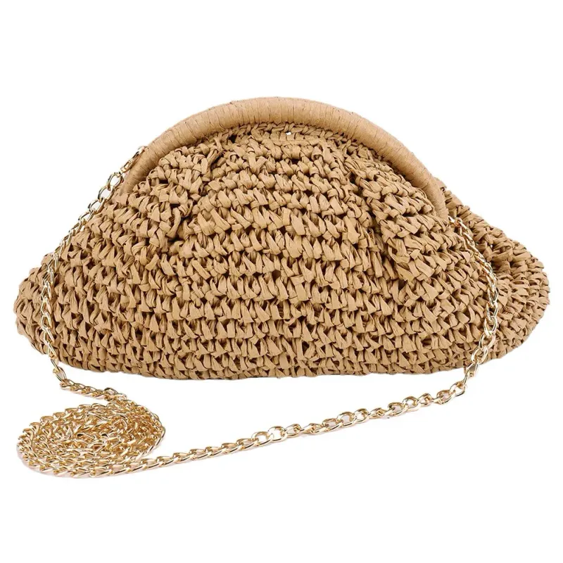 Borsa da donna in paglia intrecciata con tracolla a catena, grande capacità, elegante, a tracolla, tinta unita, per spiaggia estiva 250707_voghion.com