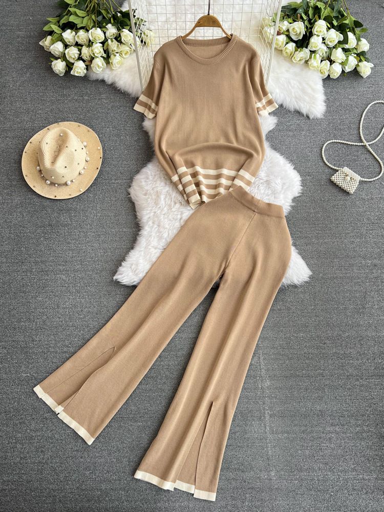 2024 Nuevo traje de moda para mujer primavera estilo coreano cuello en V suelto contraste de color tejido de dos piezas cintura alta pantalones de pierna ancha_voghion.com