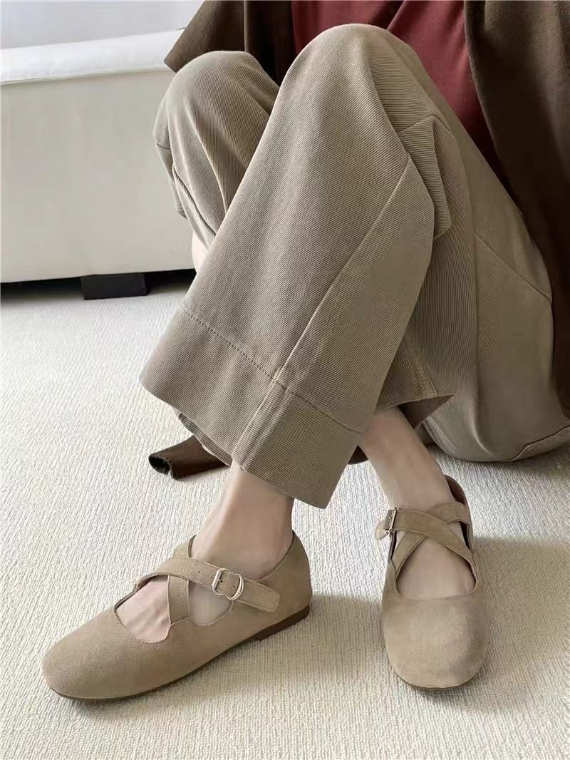 Cross Buckle Mary Jane Flat 2025 New Style Genuine Leather Suede Round Toe Shallow Mouth Single Shoes For Women_voghion.com
