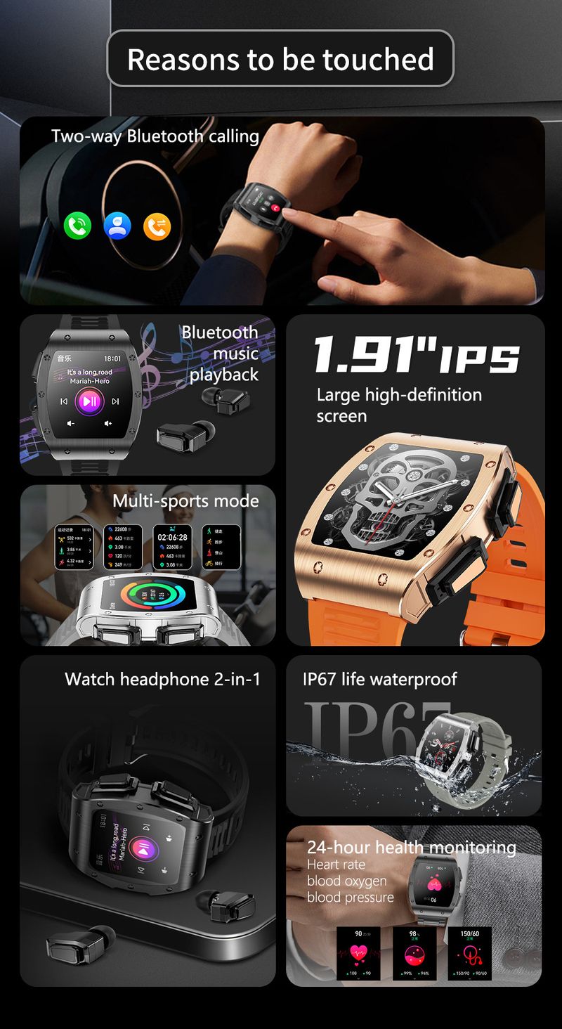 Ceas inteligent pentru produse electronice de larg Căști Bluetooth Ceas sportiv pentru afaceri, 2 într-unul, Ritmul cardiac Tensiune arterială Somn sănătos_voghion.com