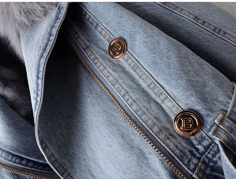 Giacca corta da donna in denim di piccole dimensioni, alla moda, con collo in pelliccia di volpe e fodera in pelliccia di coniglio, stile autunno e inverno_voghion.com