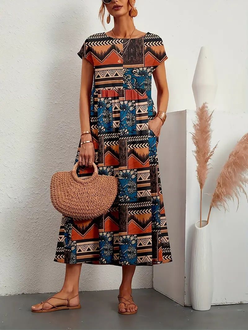 Abito estivo stampato senza maniche in cotone e lino, nuovo stile 2024, da donna_voghion.com
