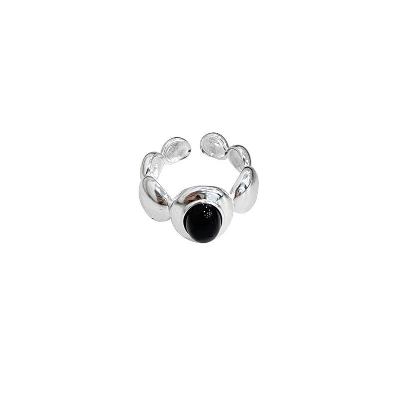 Anello da donna in argento puro S925 di design - Stile minimalista di nicchia con onice nero e design aperto a doppia stella | Gioielli versatili e raffinati_voghion.com