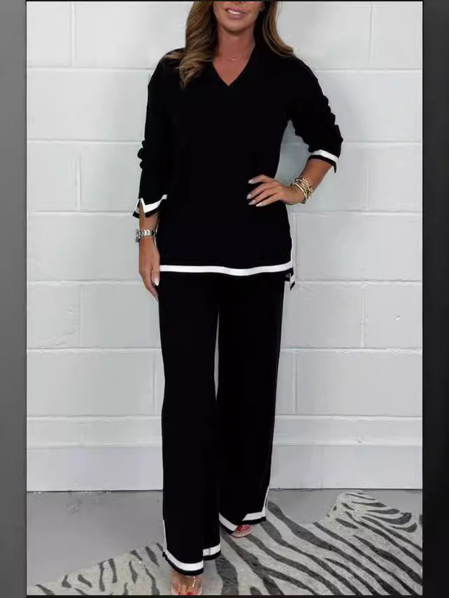 Minimalist Knit Top & Trousers Set – Winter-Ready Solid Color Lounge-to-Street Outfit (Grey/Black/White/Blue/Khaki, S-5XL)_voghion.com