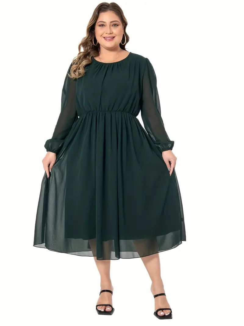 Große frauen Einfarbig Elegante Chiffon Taille Gewickelt Fett MM Kleid Frauen_voghion.com
