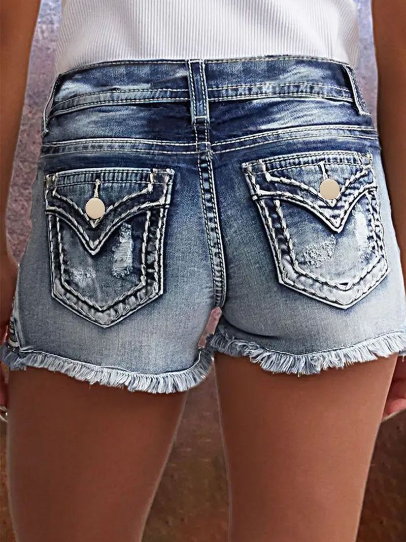 Pantaloncini in denim strappati ricamati con toppa elastica da donna, alla moda_voghion.com