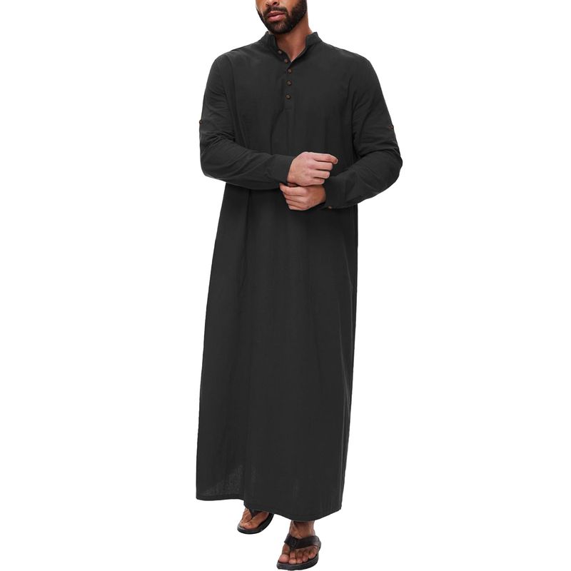 Túnica musulmana de estilo árabe, sencilla, de algodón y lino, larga, con cuello alto y botones para hombre._voghion.com