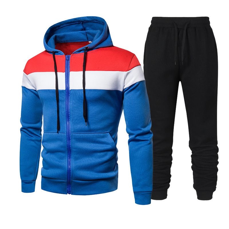 Spring And Autumn Fashion Color Block Patchwork Hooded Running Outdoor Sports Set Men's Sweatshirt_voghion.com