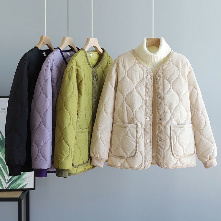 Corduroy Patchwork Quilted Jacket Winter Women Clothing Parkas Warm Cotton-padded Jacket Lightweight Coat Single-breasted Tops_voghion.com