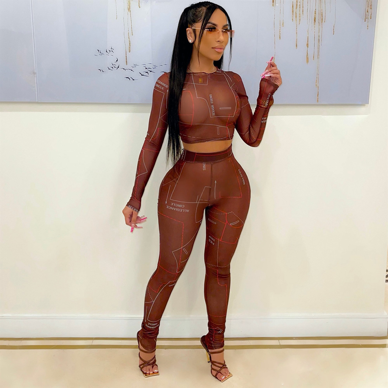 Costume deux pièces décontracté en maille imprimée lettre pour femme_voghion.com
