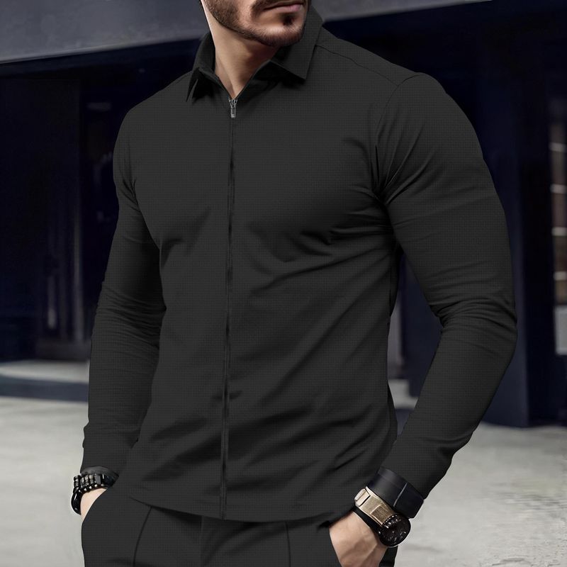 Men's long sleeved quick drying casual waffle collar zipper cedar solid color top jacket for men_voghion.com
