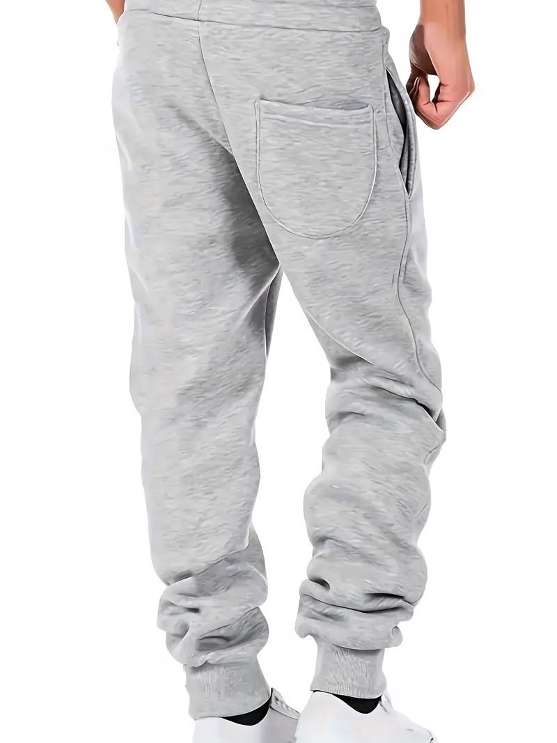 Pantalon de jogging décontracté pour homme avec étiquette en cuir – Pantalon de survêtement doublé polaire polyester pour l'hiver, poignets élastiques, coupe décontractée, couleur unie_voghion.com