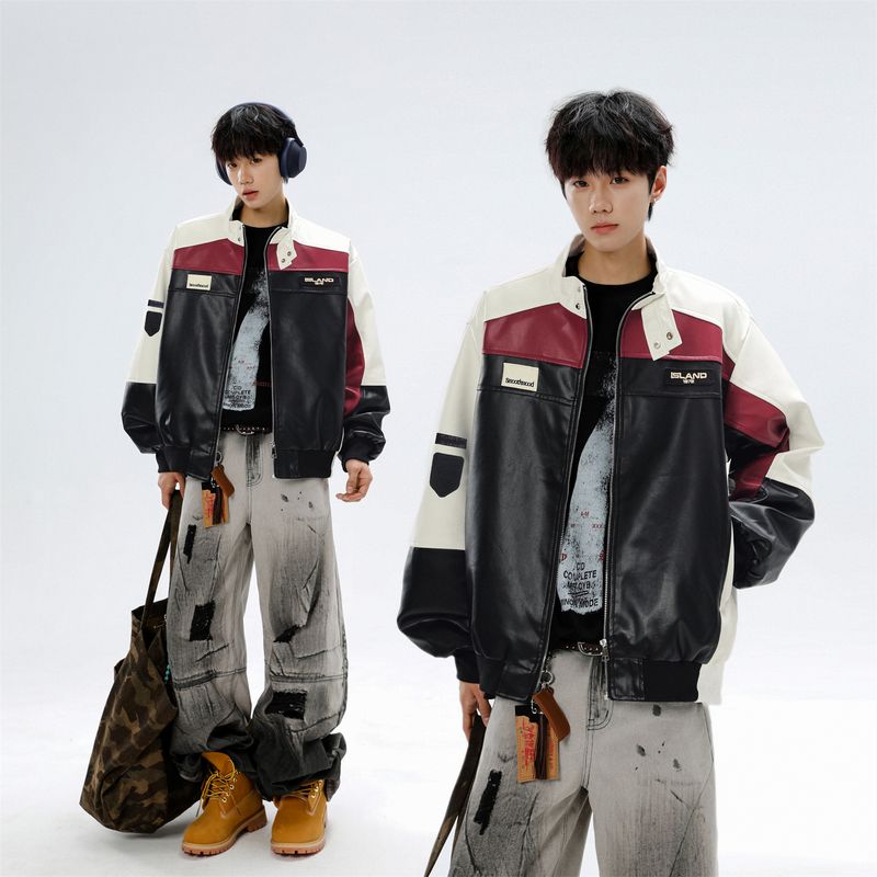 Combinaison de moto américaine en cuir PU pour homme, style automne, patchwork, col montant, style aviateur_voghion.com