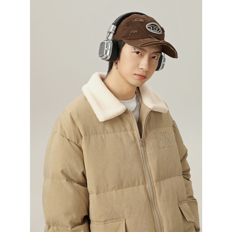 Baumwollkleidung mit amerikanischem Schneemuster, Pelzkragen, Wintermantel aus Imitationslammwolle, Revers, dickem Saum, verstellbar, Qualität._voghion.com