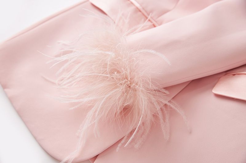 Abbigliamento da donna Abito con piume rosa, due pezzi, abito con pantaloni e temperamento_voghion.com