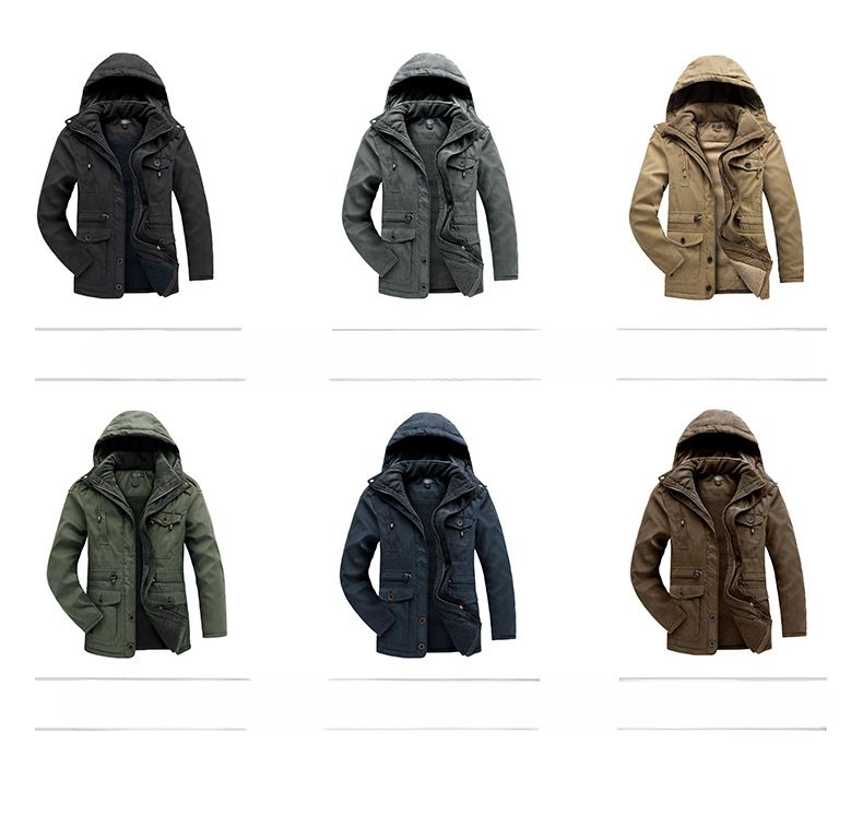 Men's Plus Size Shearling Hooded Cotton Jacket Thickened Multi-Pocket Cotton Top Casual Mid-Length Coat_voghion.com