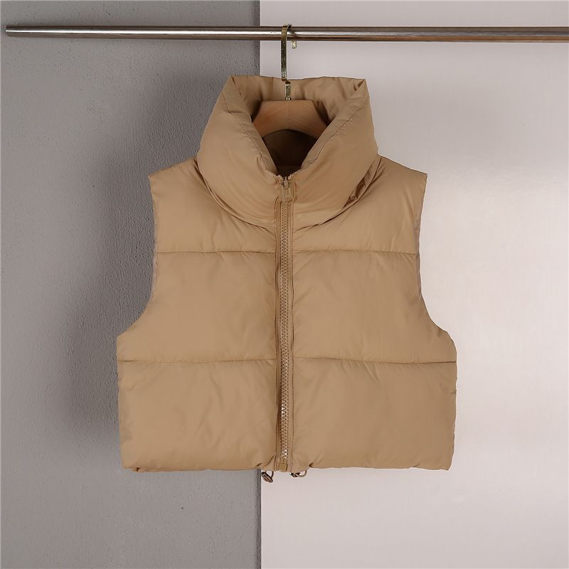 Gilet matelassé sans manches pour femme, col montant court avec cordon de serrage, léger et compressible, idéal pour l'automne/hiver, style décontracté et streetwear._voghion.com