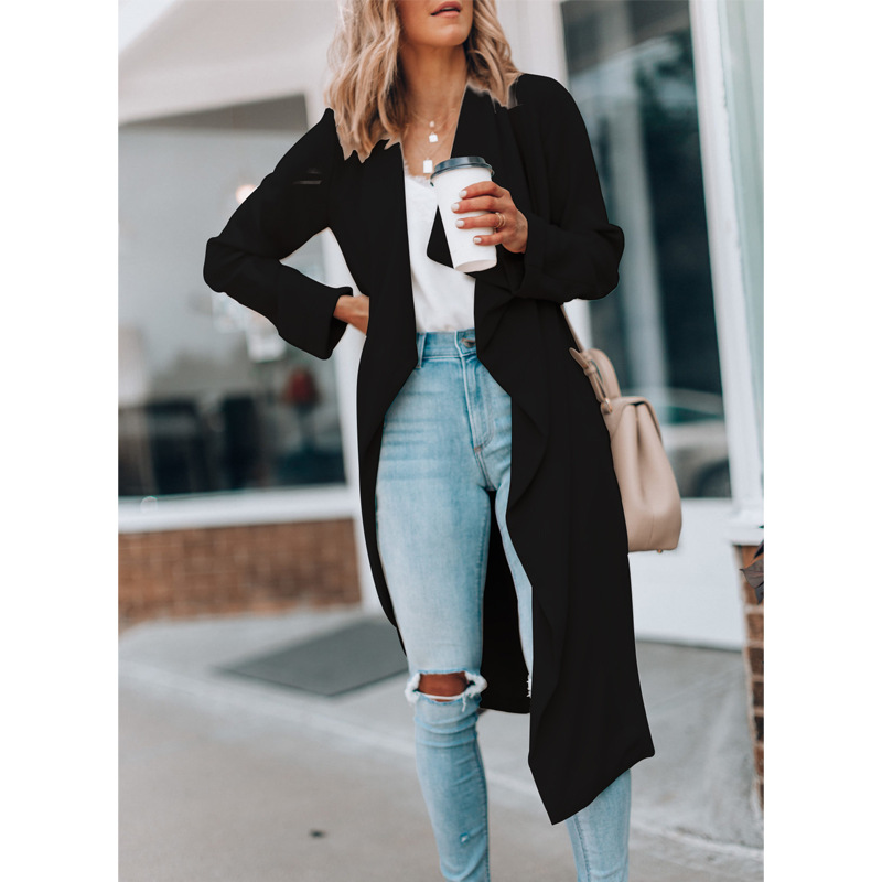 Abbigliamento da donna giacca a vento casual lunga autunno e inverno con risvolto tinta unita_voghion.com