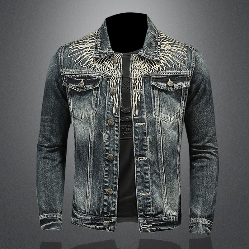 Herrenbekleidung, bestickter Jeansstoff mit schweren Flügeln für Herren, Boutique-Jeansjacke für Herren_voghion.com