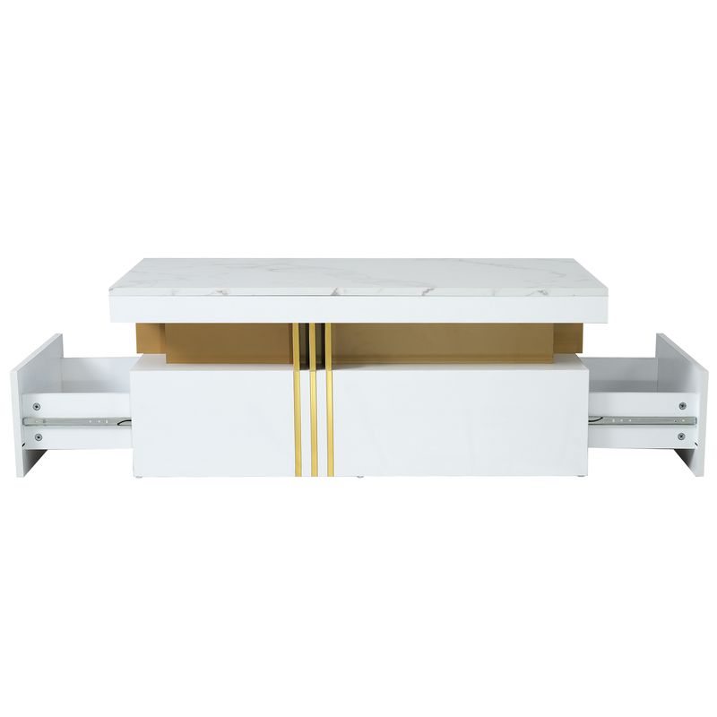 Table basse rectangulaire moderne avec plateau brillant, 2 tiroirs en bois, surface à motif marbre, pour salon, 100 x 50 x 40 cm_voghion.com