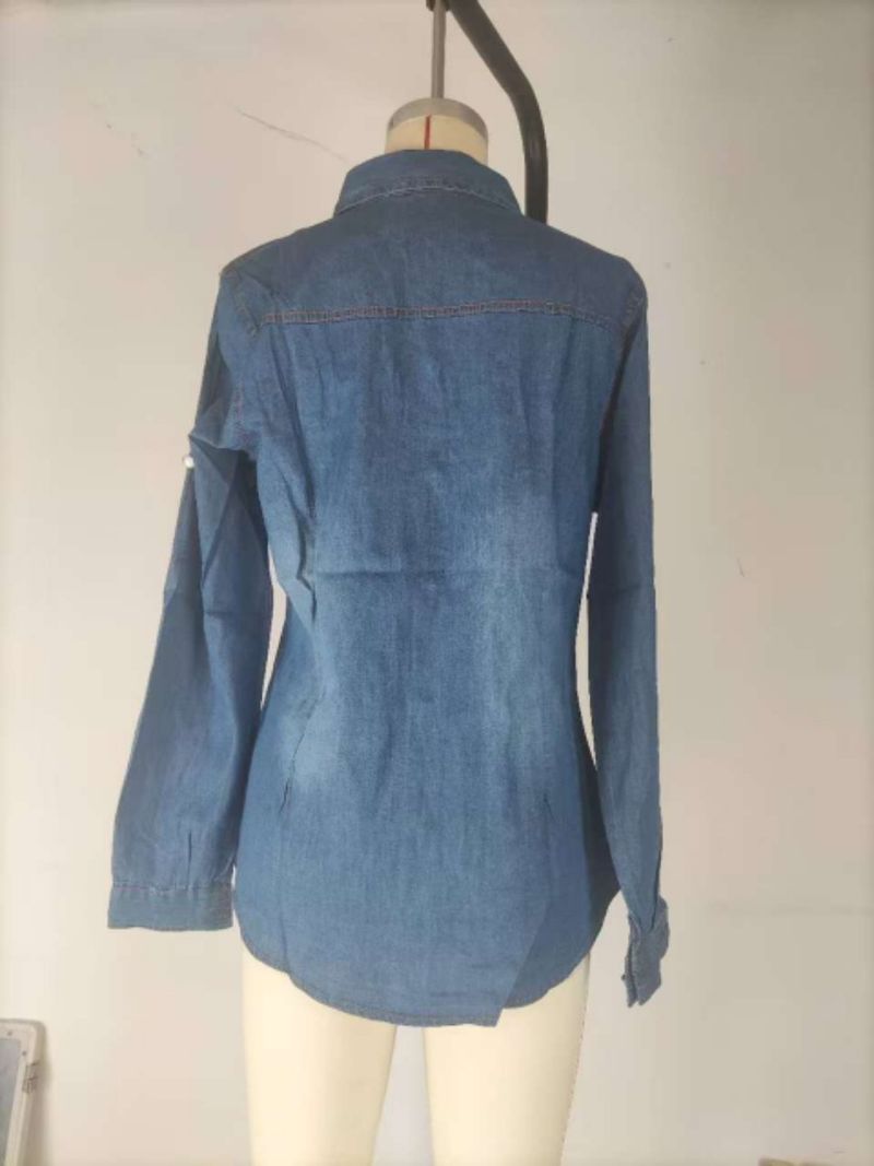 Damenbekleidung Damen Langarm-Strickjacke mit Revers und geknöpfter Tasche, unregelmäßiger Saum, einfarbiges Denim-Hemd_voghion.com
